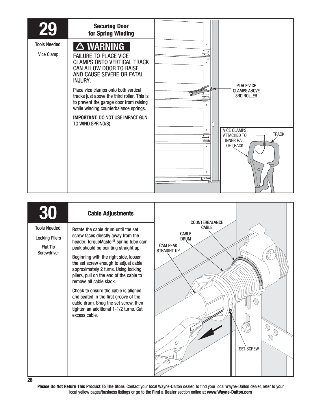 Wayne-Dalton 9600 installation instructions Securing Door for Spring Winding, Cable Adjustments, Tools Needed Vice Clamp 