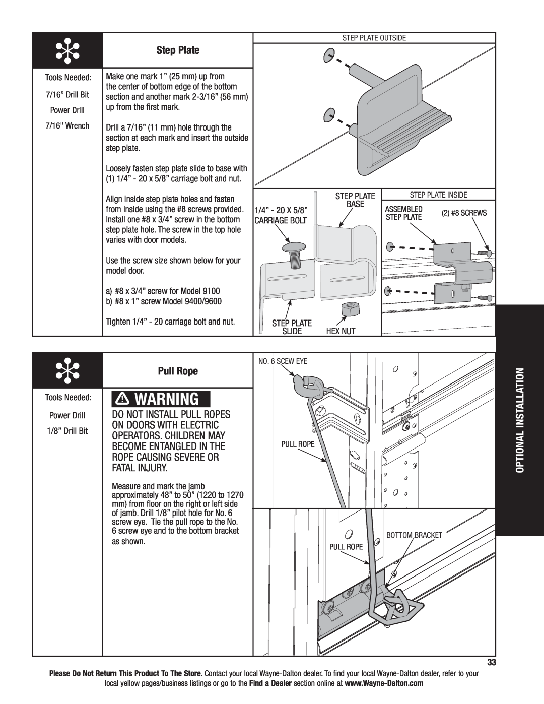 Wayne-Dalton 9600 installation instructions Step Plate, Pull Rope, Optional Installation 