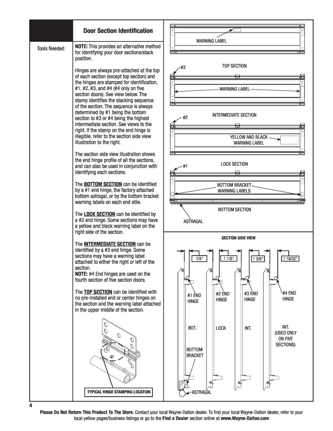 Wayne-Dalton 9600 installation instructions Door Section Identification 