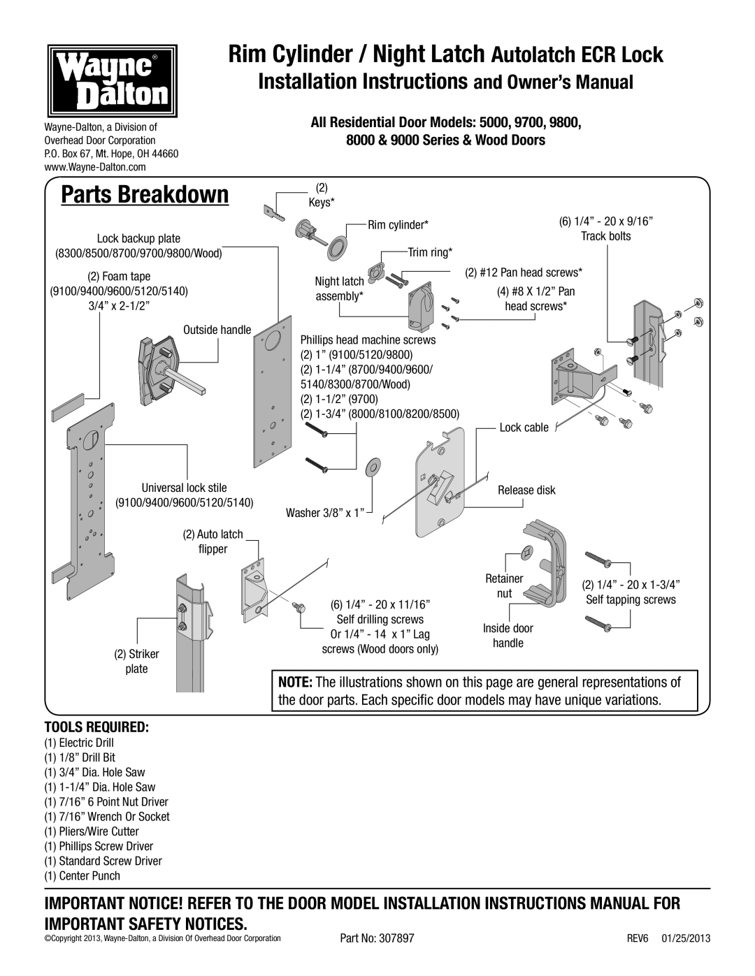 Wayne-Dalton 8000, 9700, 9800, 9000, 5000 installation instructions Rim Cylinder / Night Latch Autolatch ECR Lock 