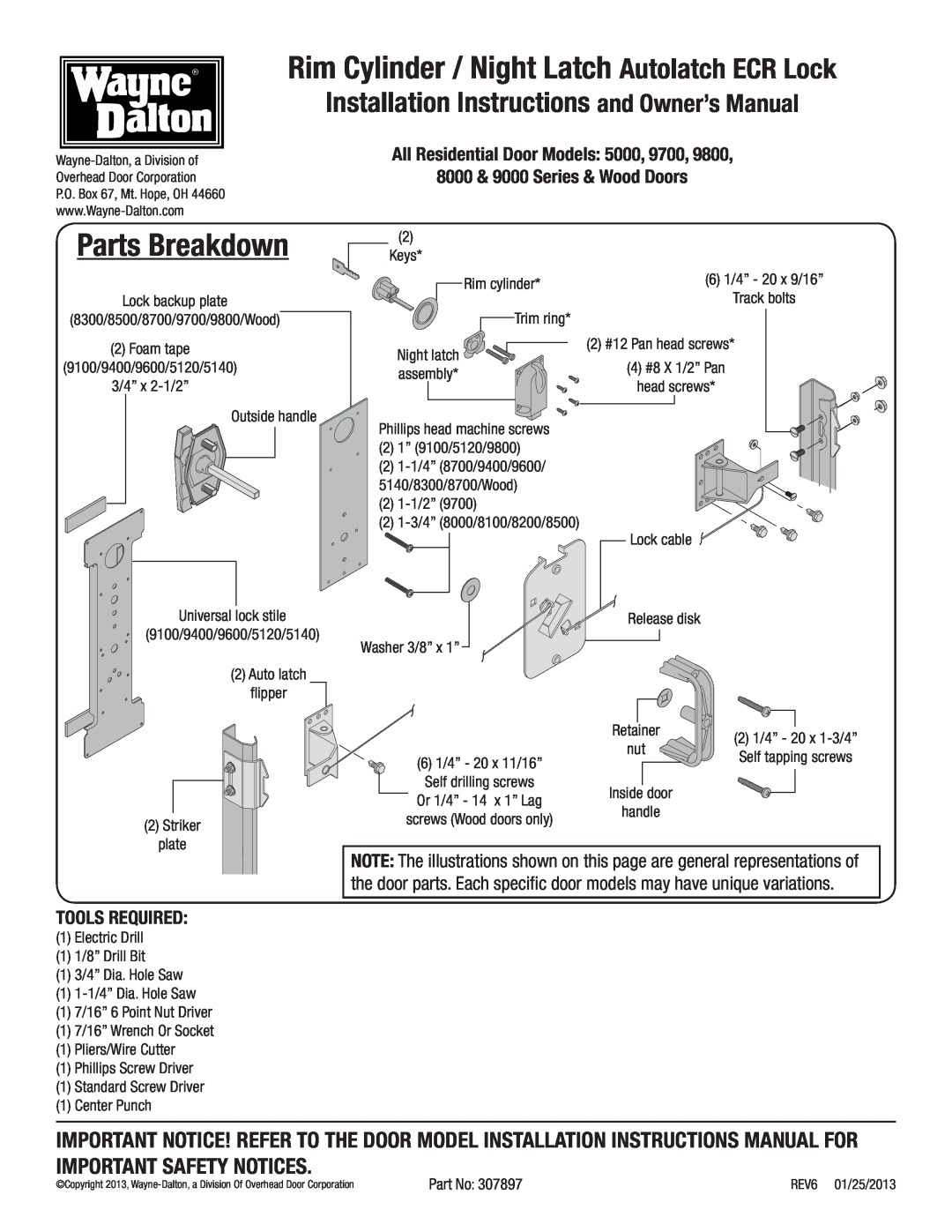 Wayne-Dalton 9000 installation instructions Important Safety Notices, Keyed-in-HandleAutolatch ECR Lock, Important Notice 