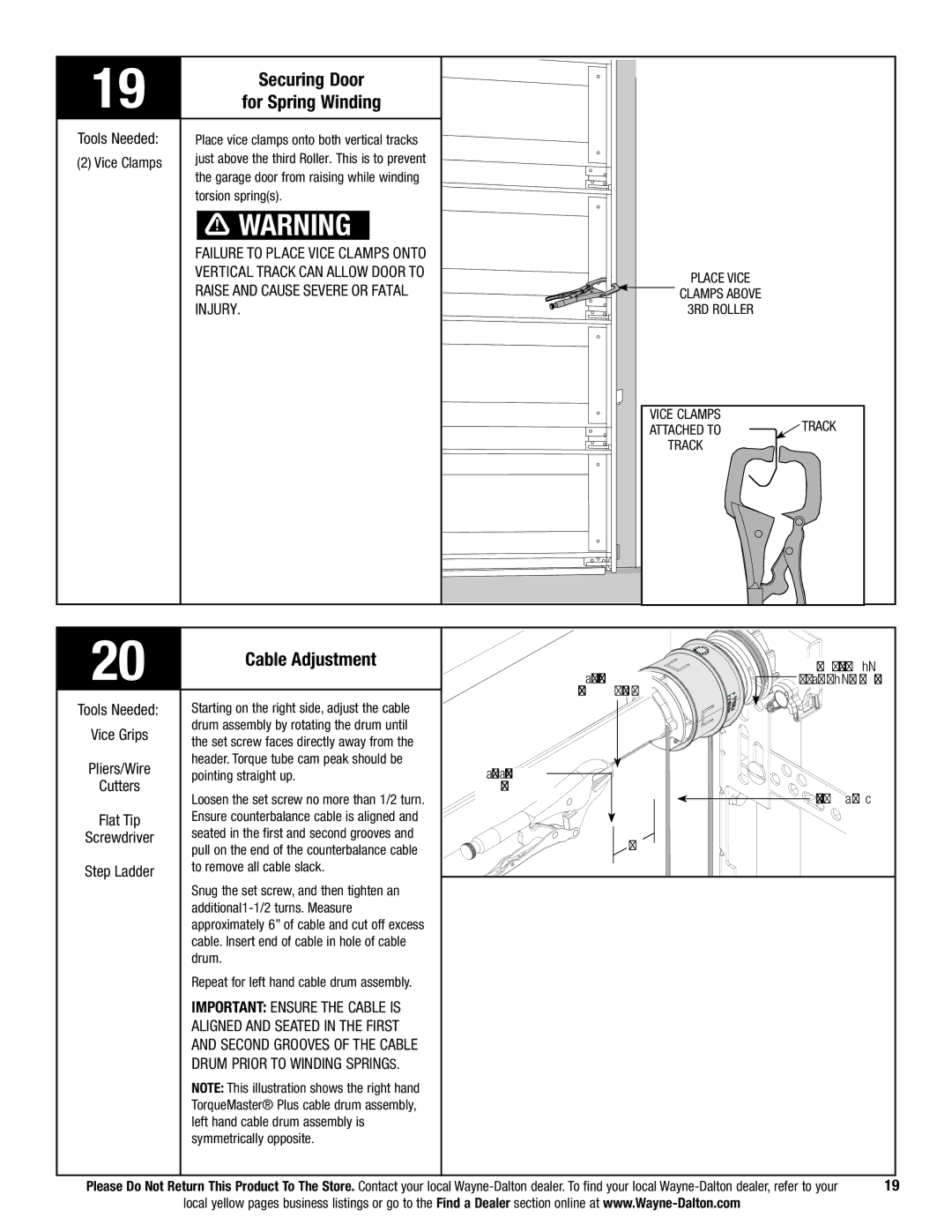 Wayne-Dalton 9700 installation instructions Securing Door For Spring Winding, Cable Adjustment, Tools Needed Vice Clamps 