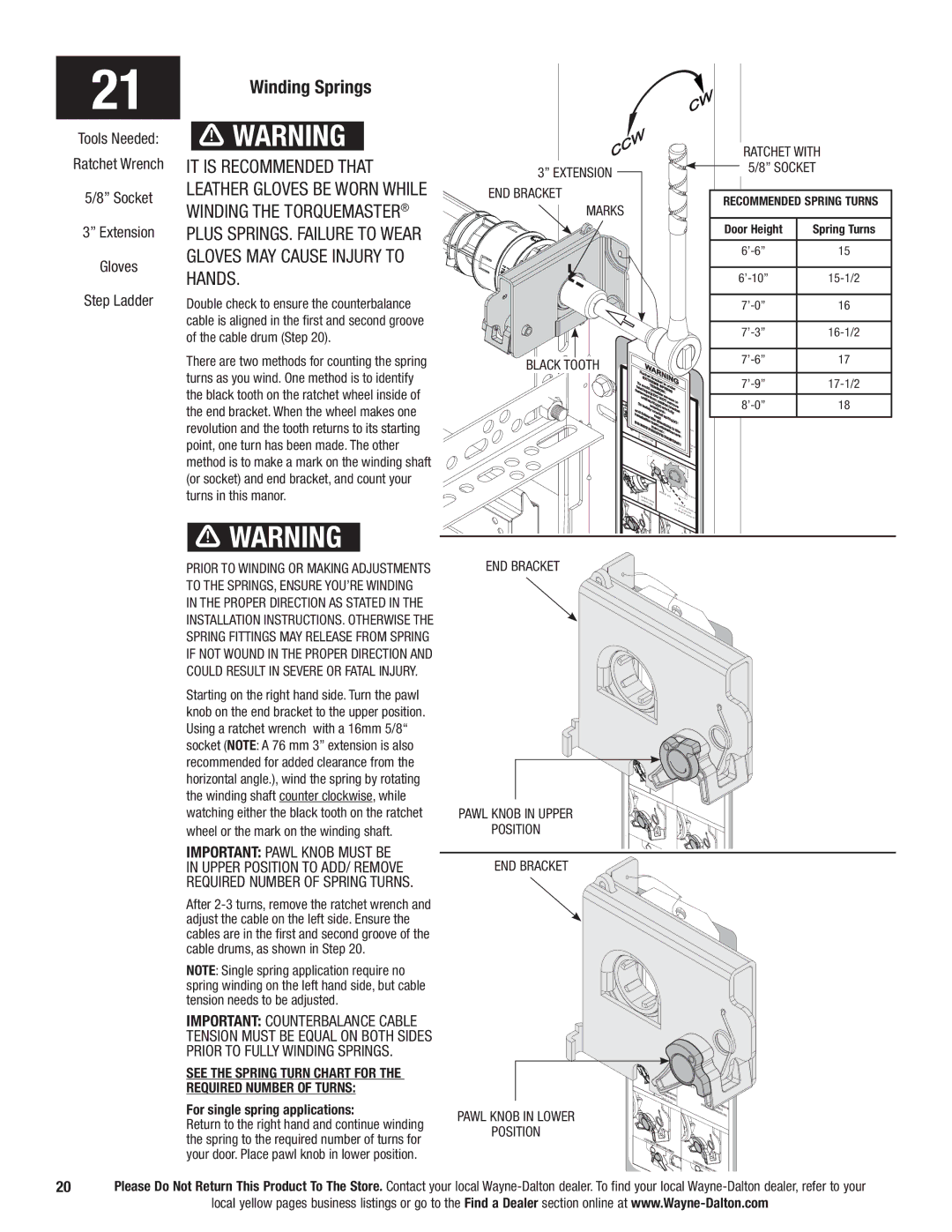 Wayne-Dalton 9700 Winding Springs, It is recommended that, Leather gloves be worn while, Winding the TorqueMaster, Hands 