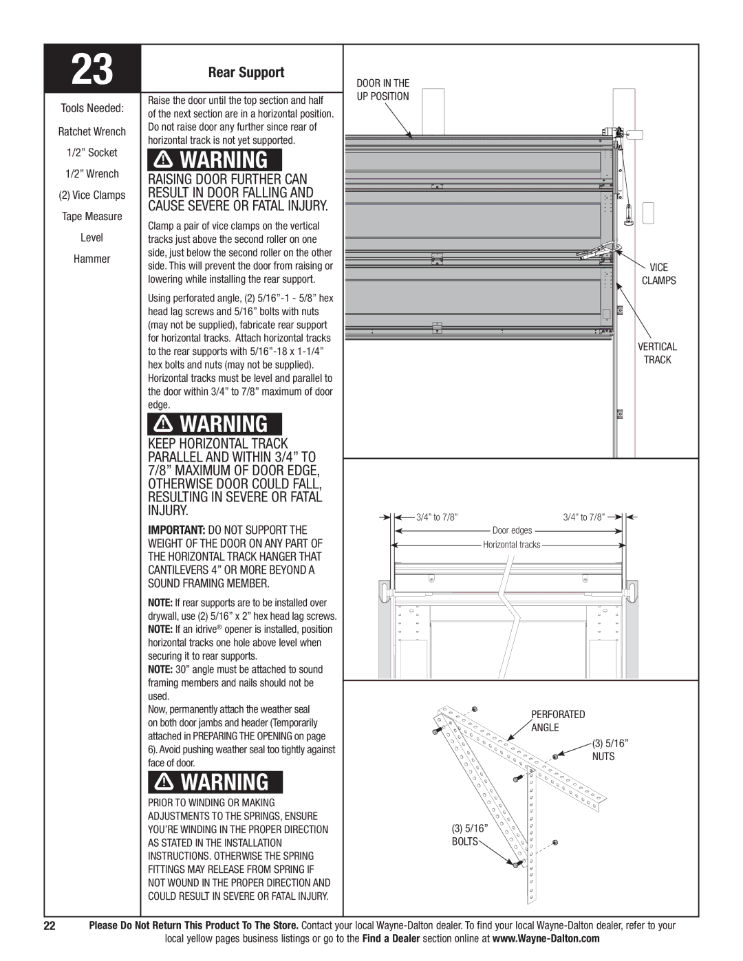 Wayne-Dalton 9700 Rear Support, Raising door further can, Result in door falling, Cause severe or fatal injury 