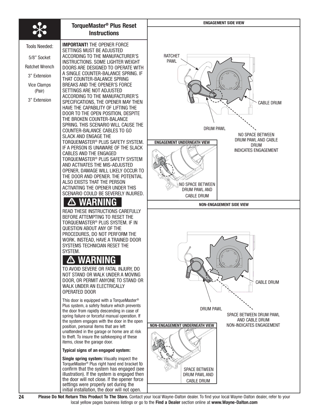 Wayne-Dalton 9700 installation instructions TorqueMaster Plus Reset, Instructions 