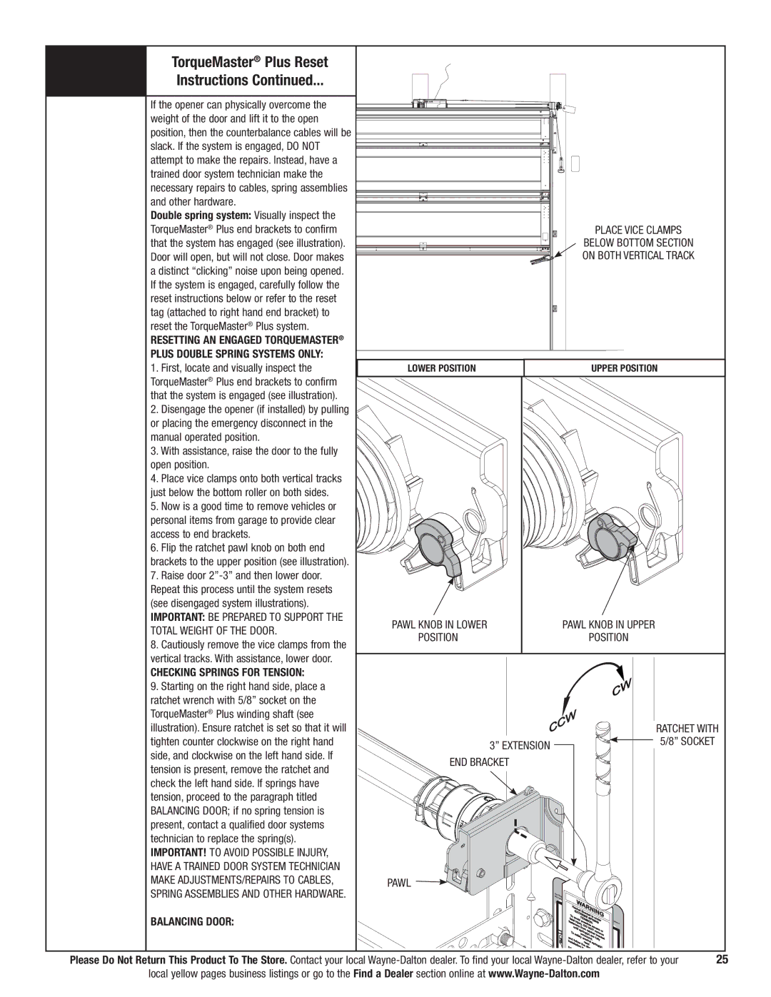 Wayne-Dalton 9700 TorqueMaster Plus Reset Instructions, Checking Springs for Tension, Balancing Door, Pawl 