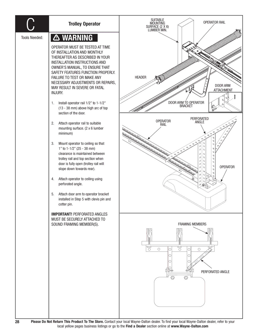 Wayne-Dalton 9700 Trolley Operator, Failure to Test or Make ANY, MAY Result in Severe or Fatal Injury 