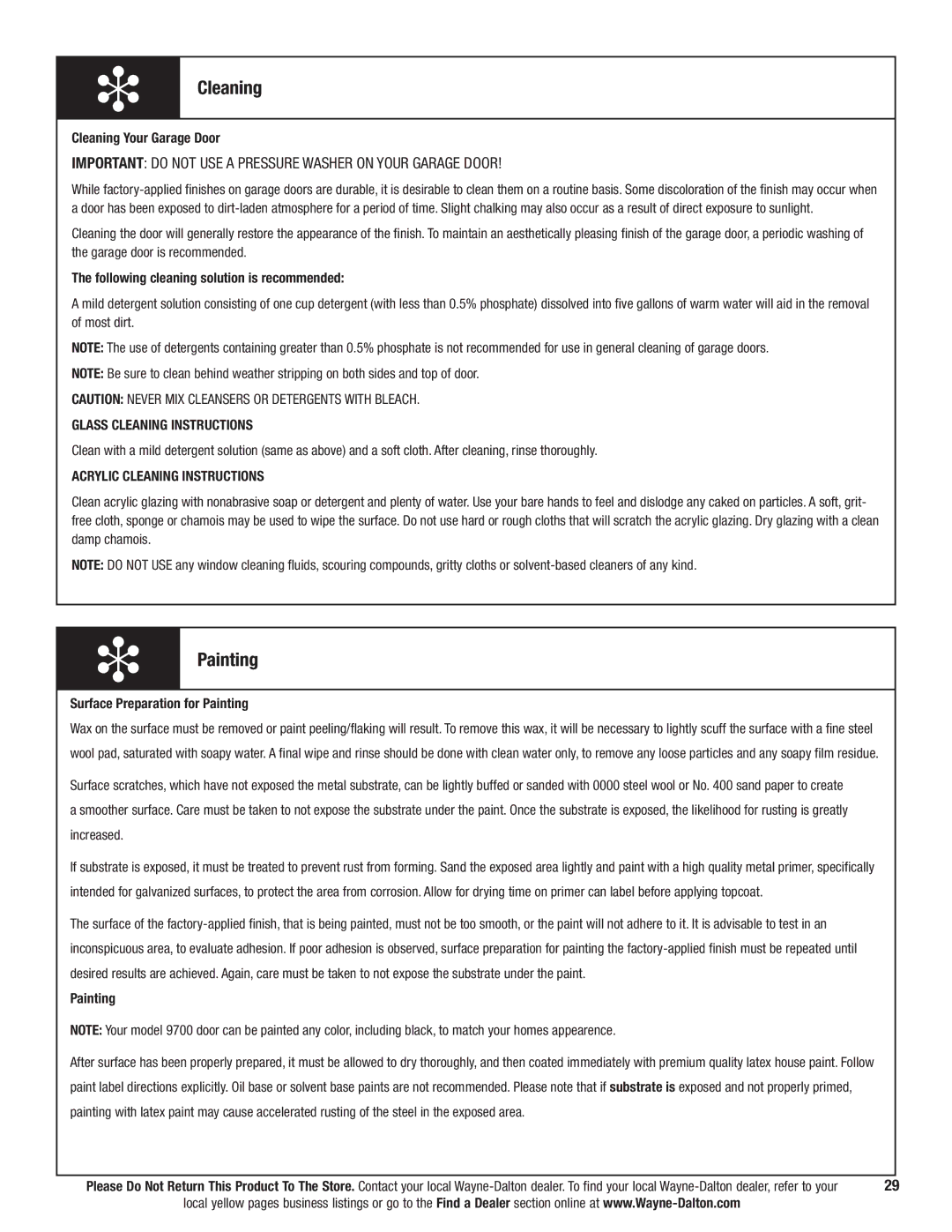 Wayne-Dalton 9700 installation instructions Cleaning, Painting, Important do not USE a Pressure Washer on Your Garage Door 