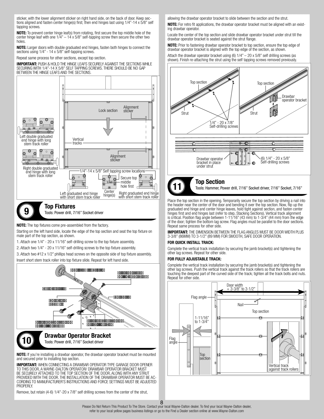 Wayne-Dalton 9700 installation instructions Top Section, Top Fixtures, Drawbar Operator Bracket 