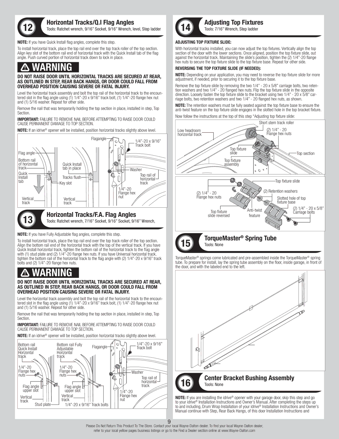 Wayne-Dalton 9700 Horizontal Tracks/Q.I Flag Angles, Horizontal Tracks/F.A. Flag Angles, Adjusting Top Fixtures 