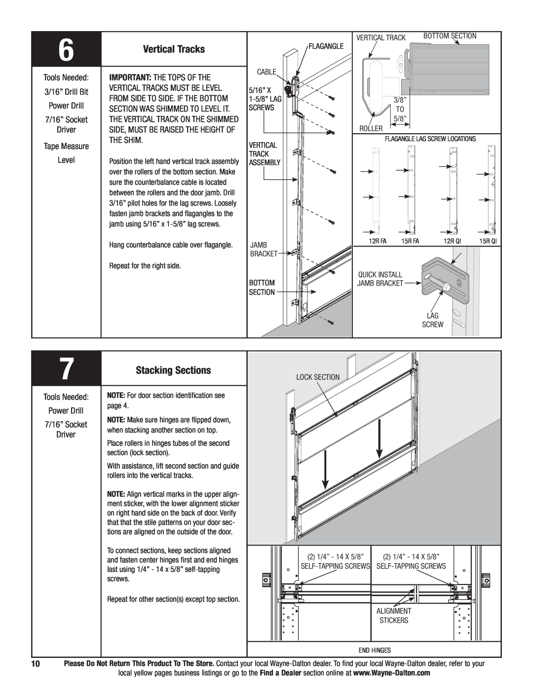 Wayne-Dalton 9700 installation instructions Vertical Tracks, Stacking Sections, Tools Needed 3/16” Drill Bit Power Drill 