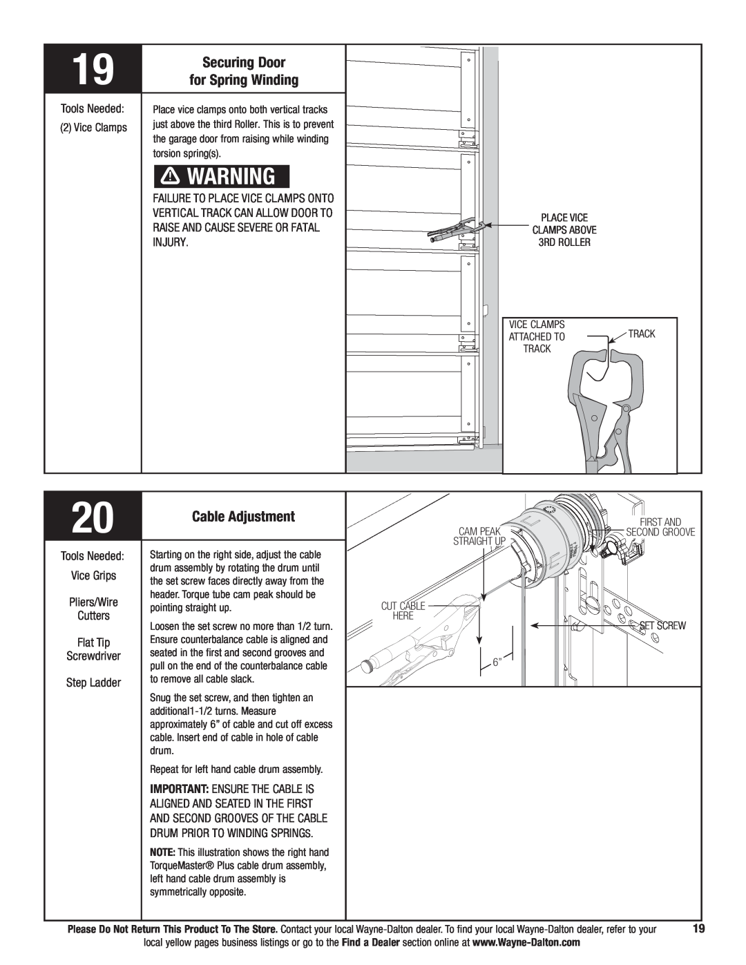 Wayne-Dalton 9700 installation instructions Securing Door for Spring Winding, Cable Adjustment, Tools Needed 2 Vice Clamps 