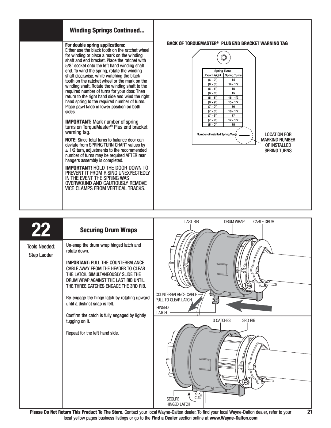 Wayne-Dalton 9700 Winding Springs Continued, Securing Drum Wraps, Tools Needed, IMPORTANT Mark number of spring 