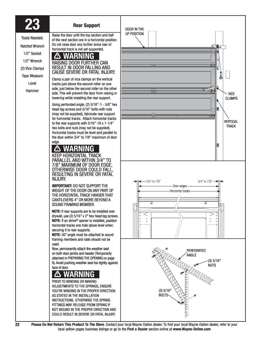 Wayne-Dalton 9700 Rear Support, Raising door further can, result in door falling and, cause severe or fatal injury 