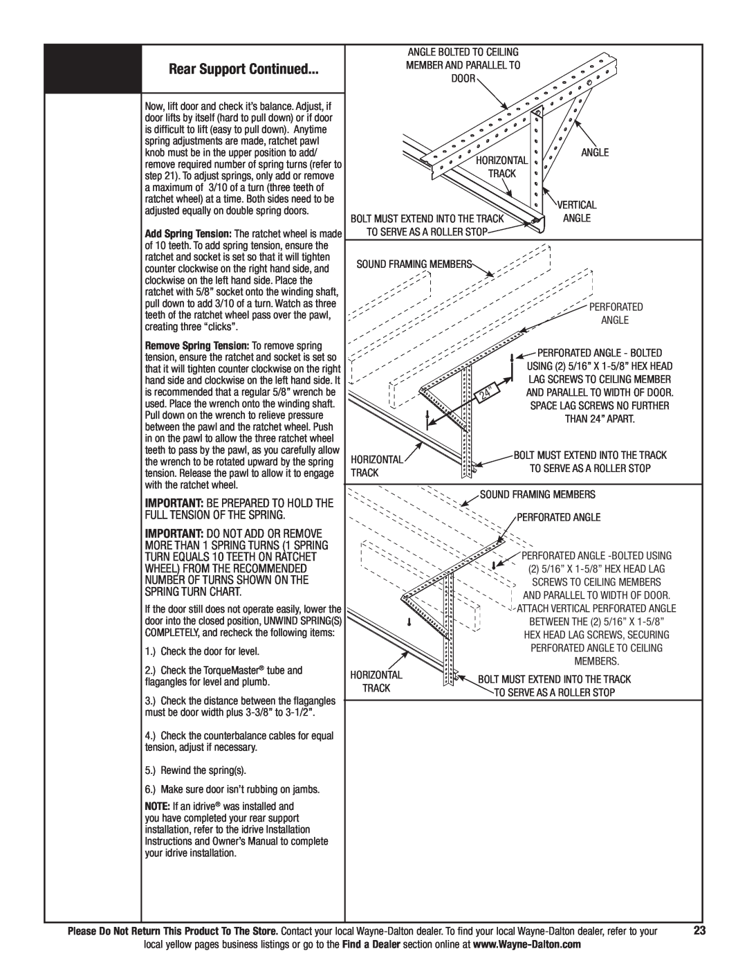 Wayne-Dalton 9700 installation instructions Rear Support Continued, Full Tension Of The Spring, Spring Turn Chart 