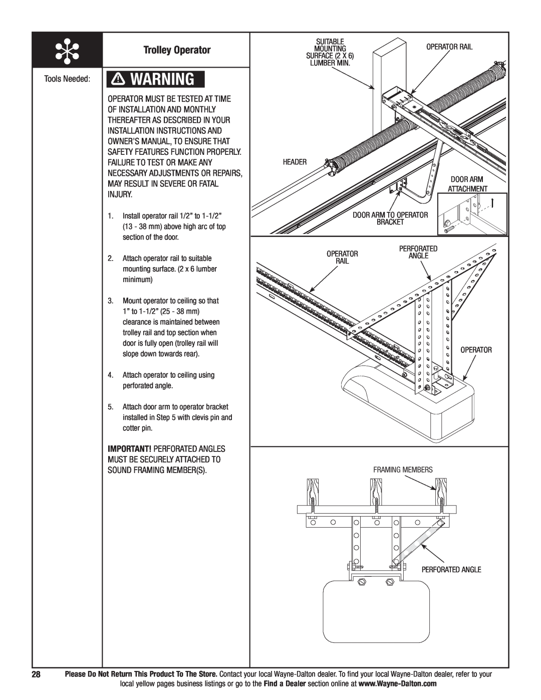 Wayne-Dalton 9700 installation instructions Trolley Operator, Operator Must Be Tested At Time, Of Installation And Monthly 