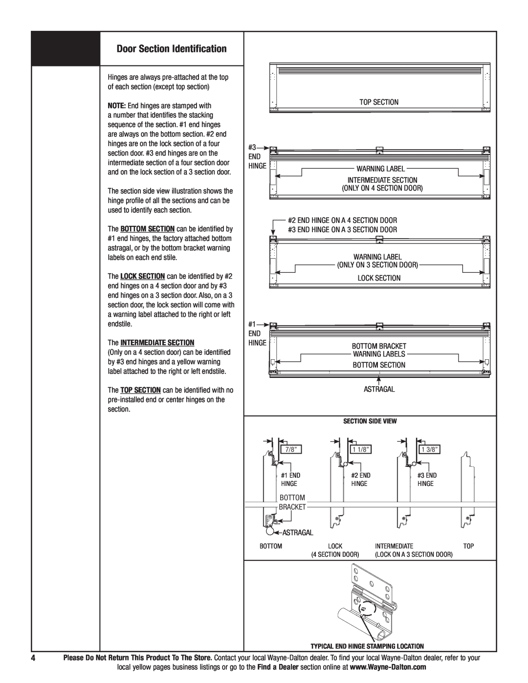 Wayne-Dalton 9700 installation instructions Door Section Identification 