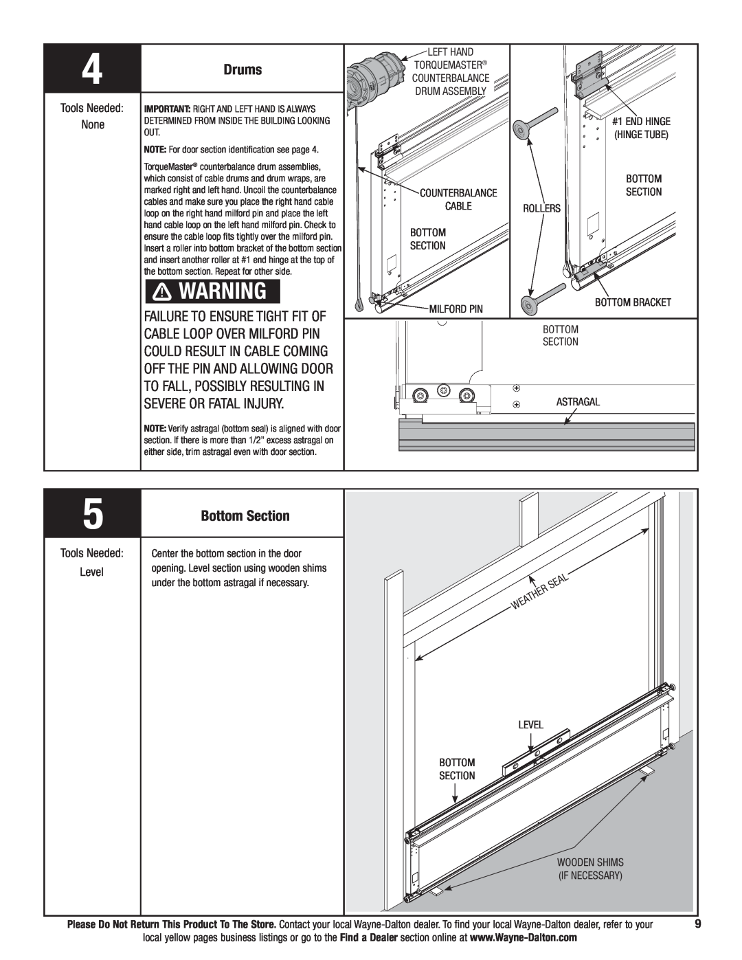 Wayne-Dalton 9700 installation instructions Drums, Bottom Section, Tools Needed None 