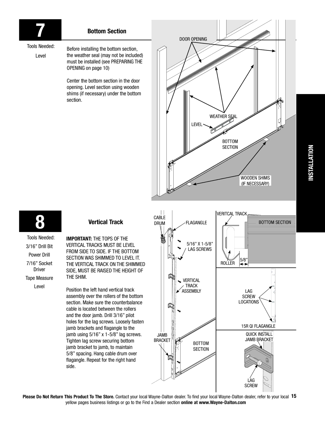 Wayne-Dalton 9800 Series installation instructions Bottom Section, Vertical Track 