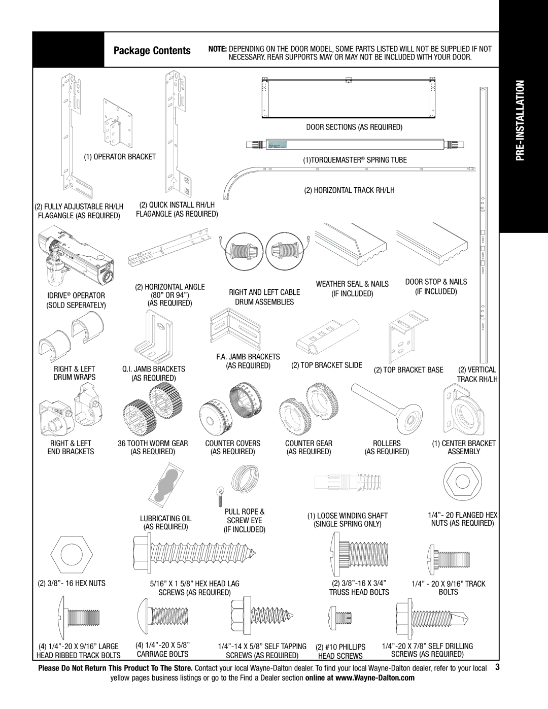 Wayne-Dalton 9800 Series installation instructions Package Contents, Pre-Installation 