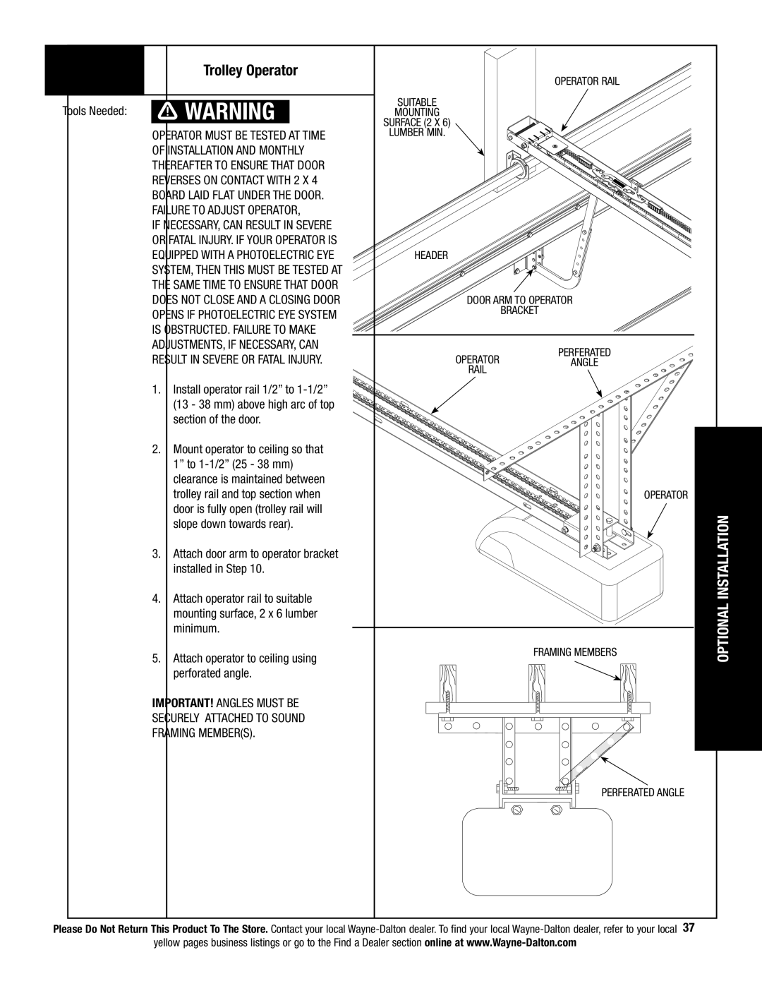 Wayne-Dalton 9800 Series Trolley Operator, Operator Must be Tested AT Time, Result in Severe or Fatal Injury 