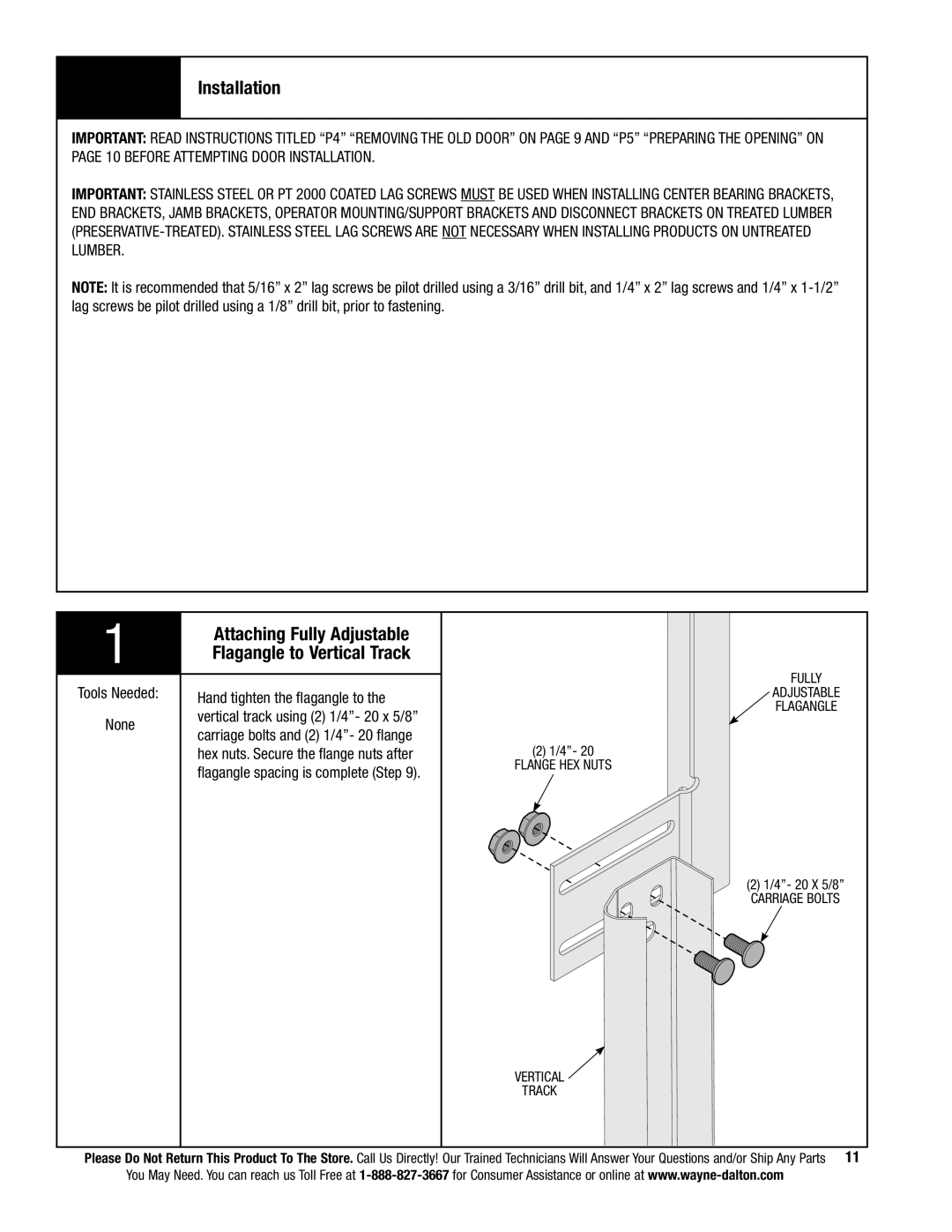 Wayne-Dalton 9800 Installation, Attaching Fully Adjustable Flagangle to Vertical Track, Hand tighten the flagangle to 