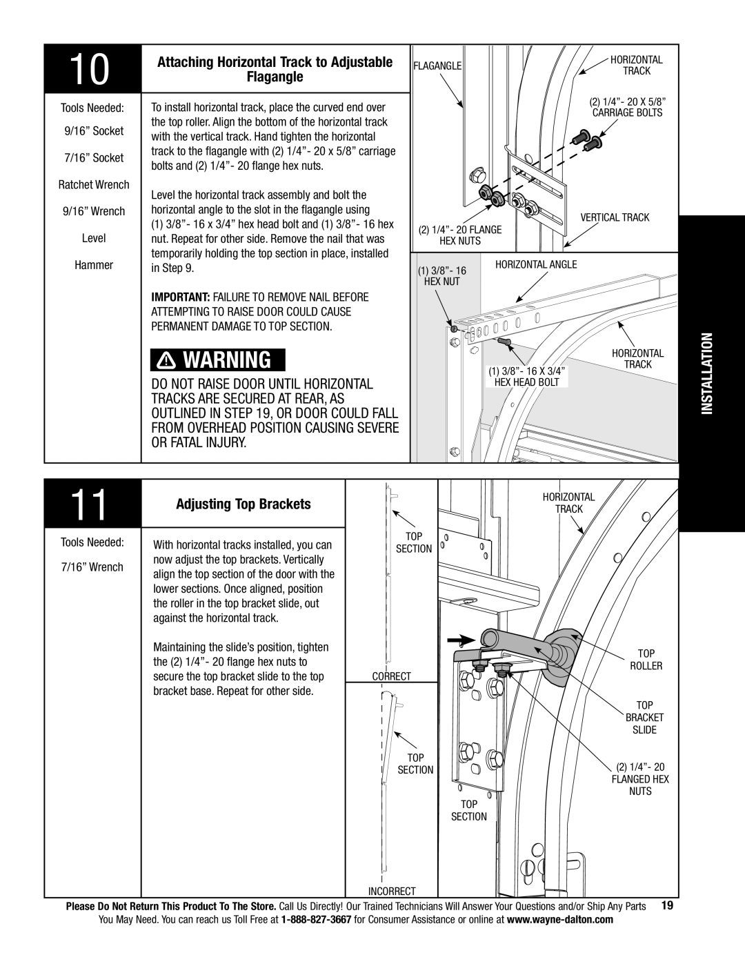 Wayne-Dalton 9800 installation instructions Attaching Horizontal Track to Adjustable, Flagangle, Adjusting Top Brackets 