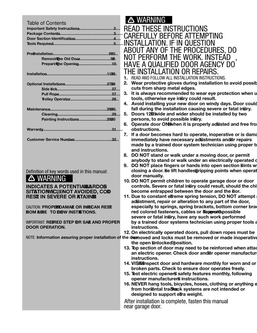 Wayne-Dalton 9800 installation instructions Table of Contents 