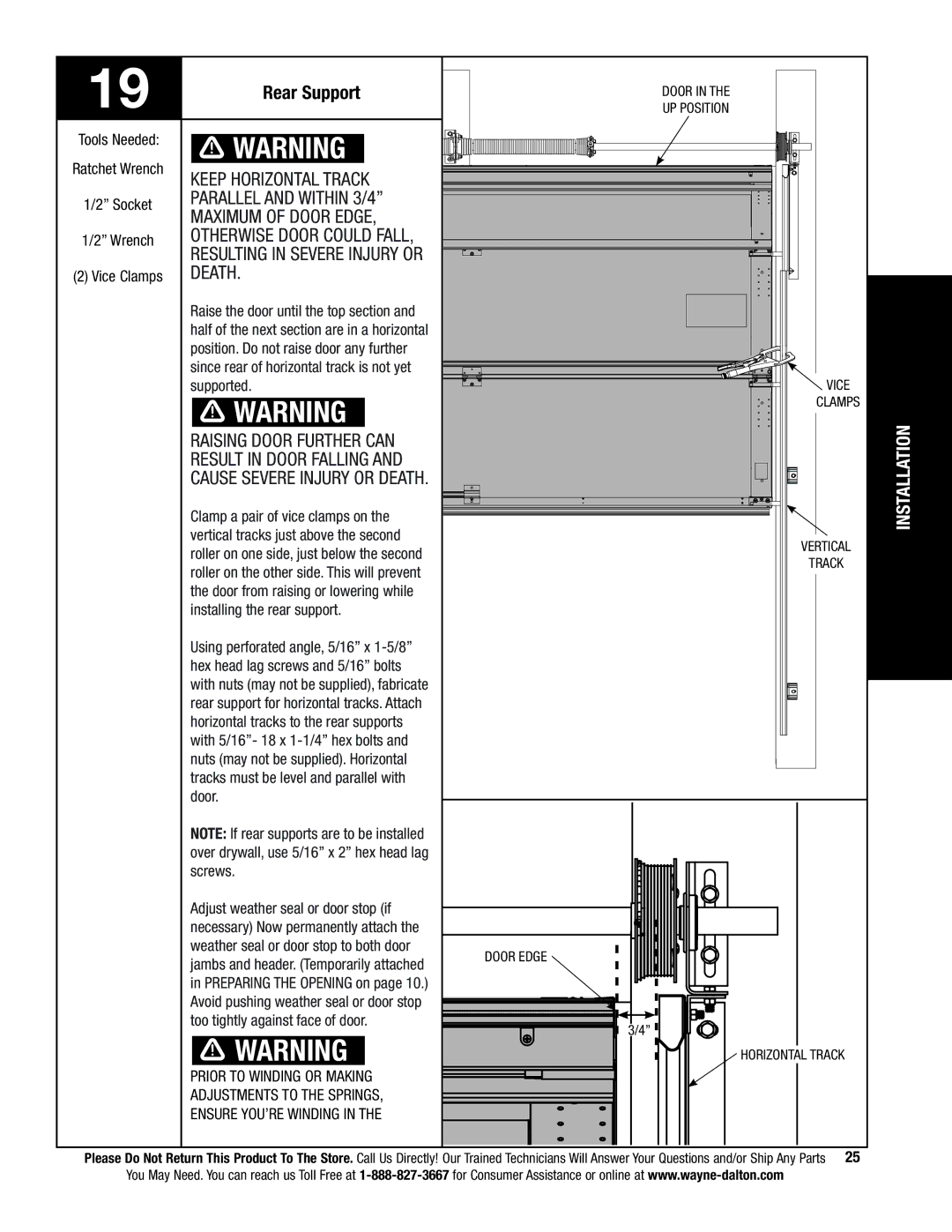 Wayne-Dalton 9800 Rear Support, Keep horizontal track, Parallel and within 3/4 Maximum of door edge, Death 