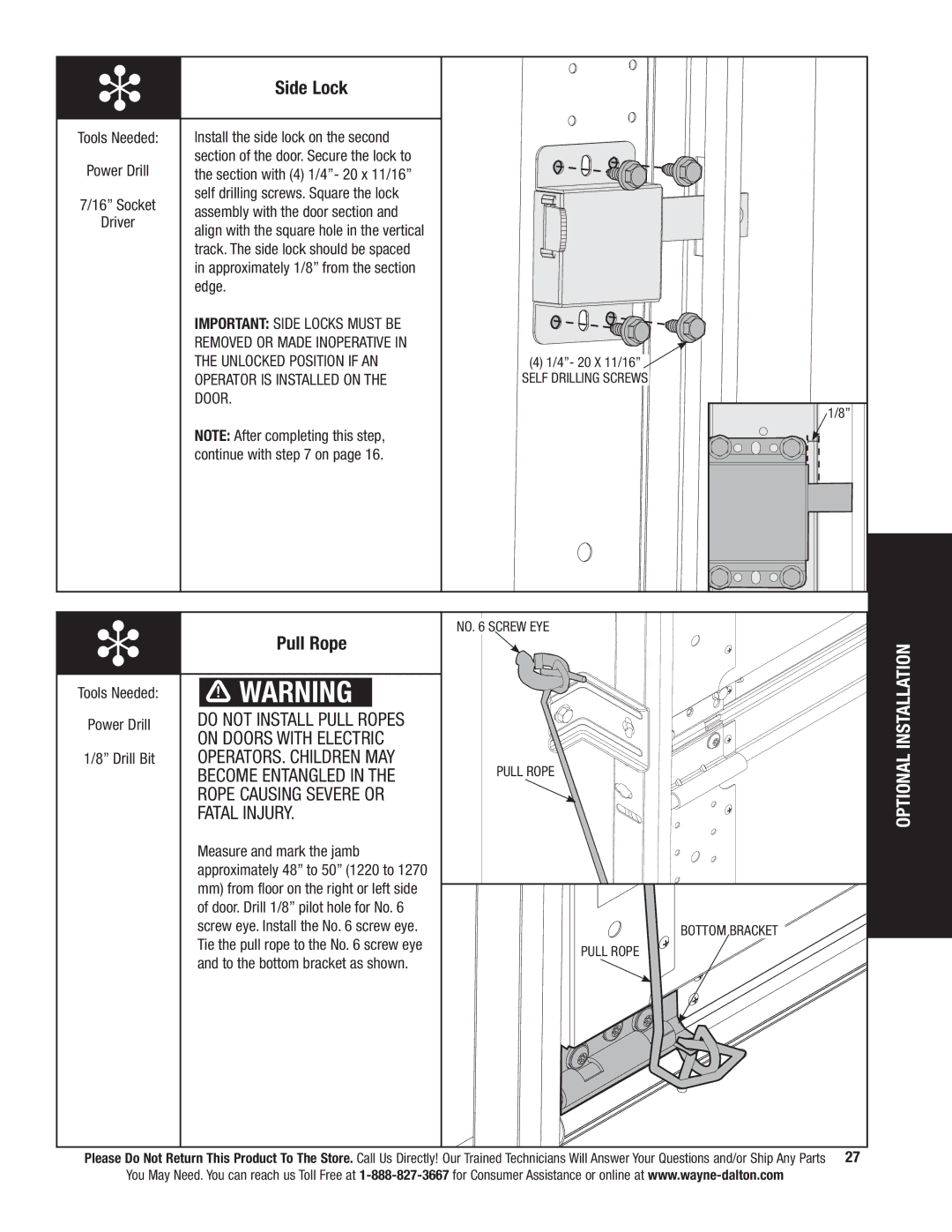 Wayne-Dalton 9800 installation instructions Side Lock, Pull Rope 