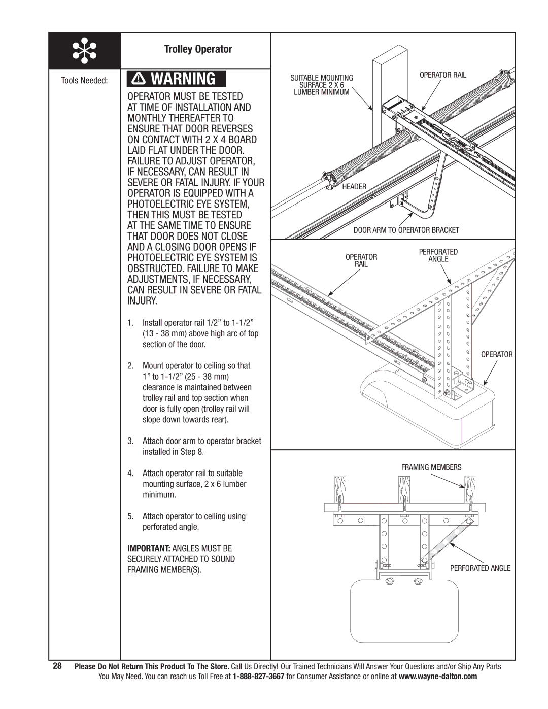 Wayne-Dalton 9800 Trolley Operator, Header Door ARM to Operator Bracket, Perforated OPERATORangle rail 