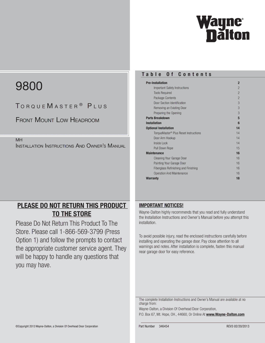 Wayne-Dalton 9800 installation instructions B l e O f C o n t e n t s, Important Notices, Part Number 