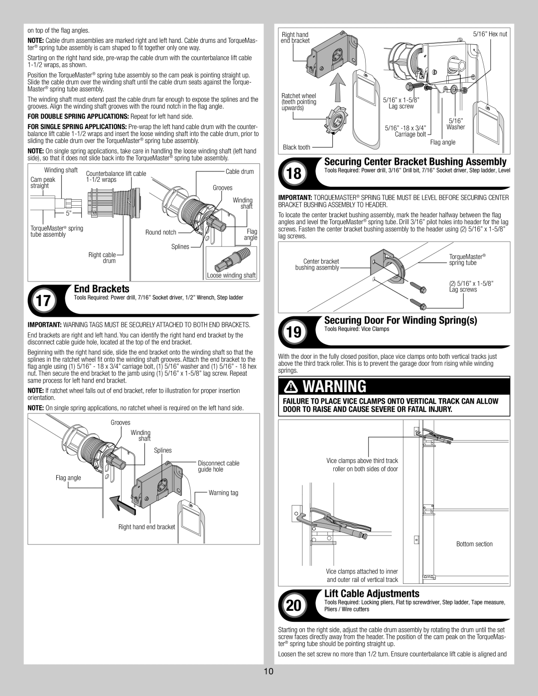 Wayne-Dalton 9800 installation instructions Lift Cable Adjustments, End Brackets, Securing Center Bracket Bushing Assembly 