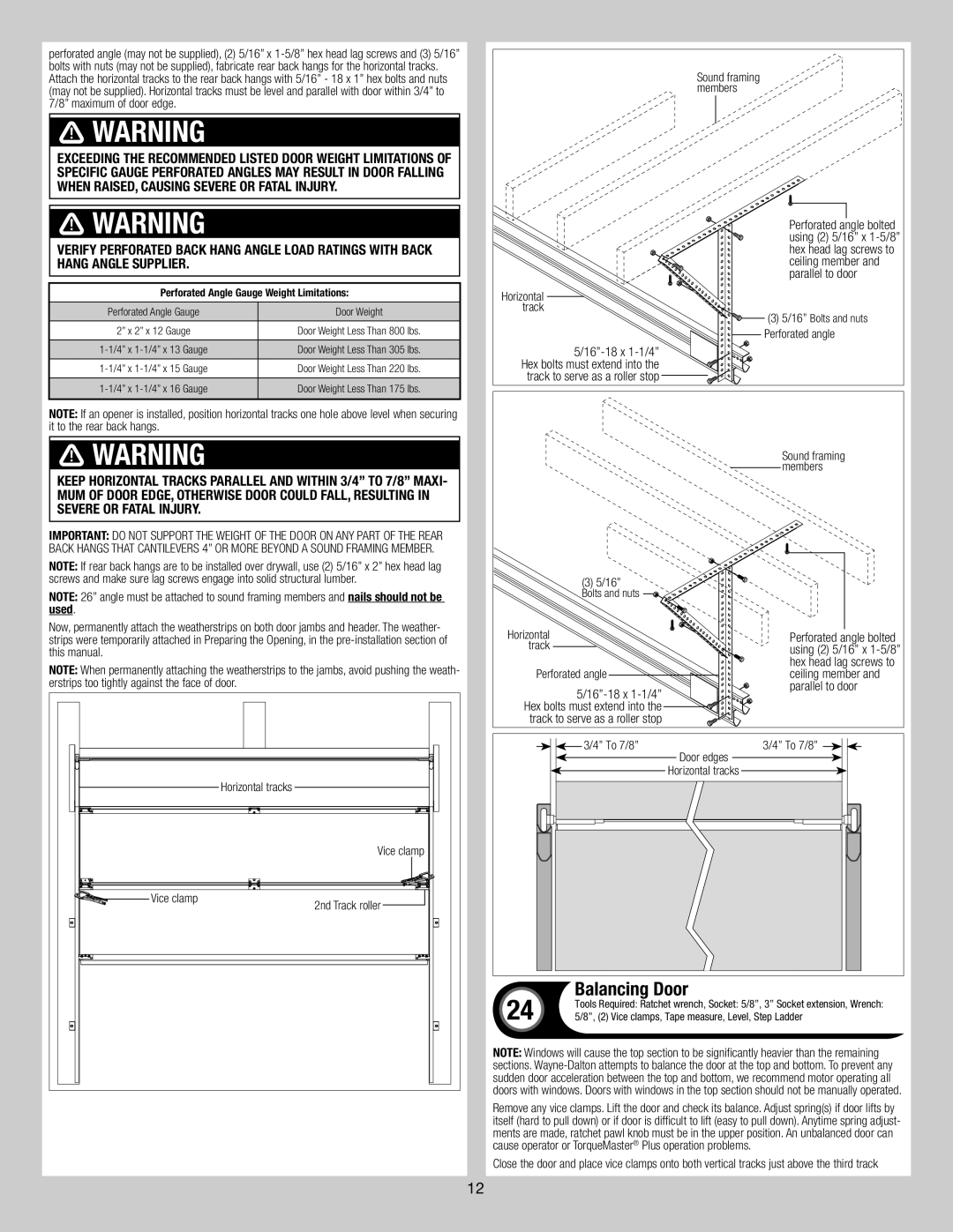 Wayne-Dalton 9800 installation instructions Balancing Door, Ceiling member, 16-18 x 1-1/4 Parallel to door 