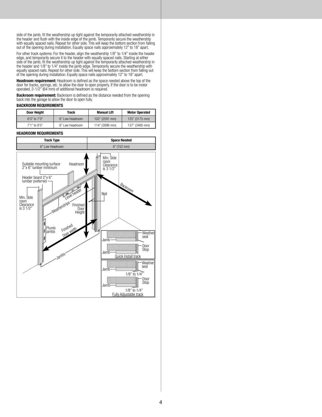 Wayne-Dalton 9800 installation instructions Backroom, Headroom Requirements 