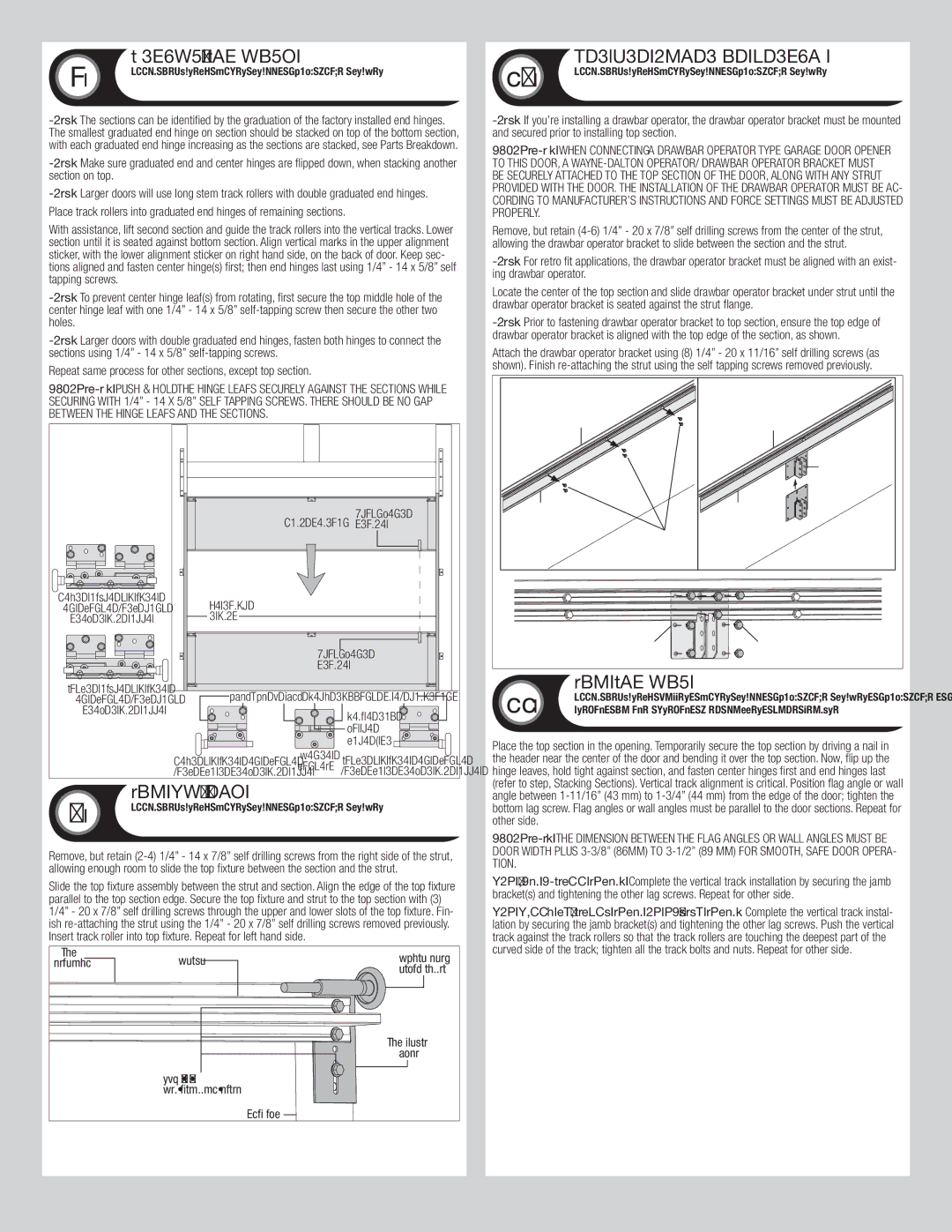 Wayne-Dalton 9800 installation instructions Stacking Sections, Top Section, Top Fixtures, Drawbar Operator Bracket 