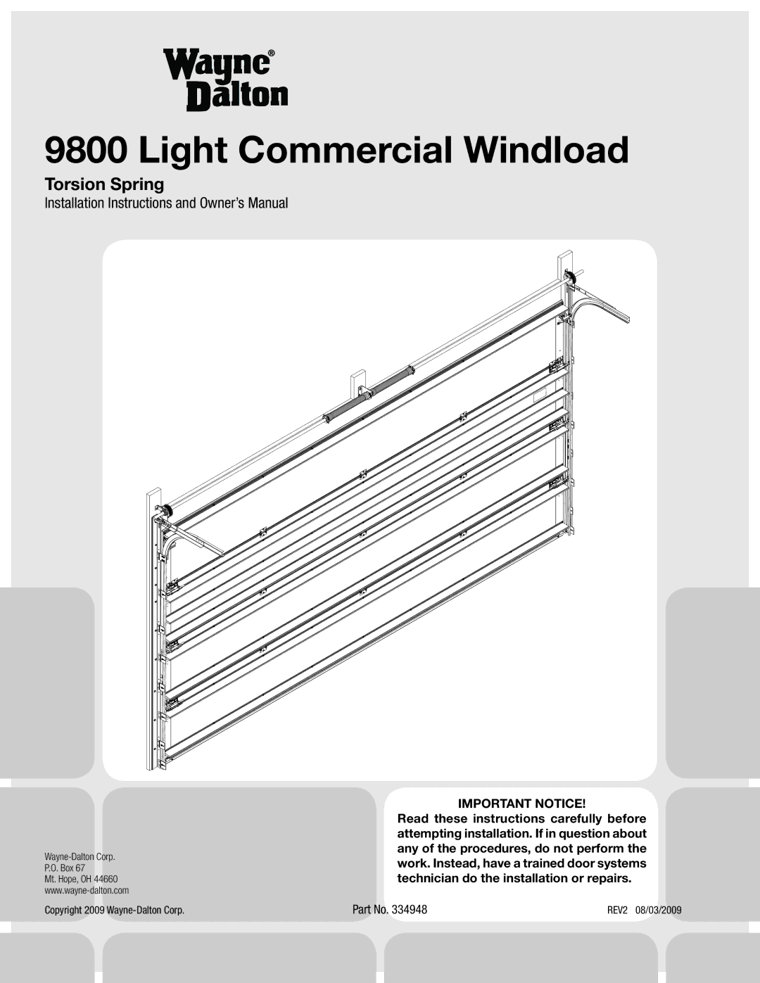 Wayne-Dalton 9800 installation instructions Light Commercial Windload 