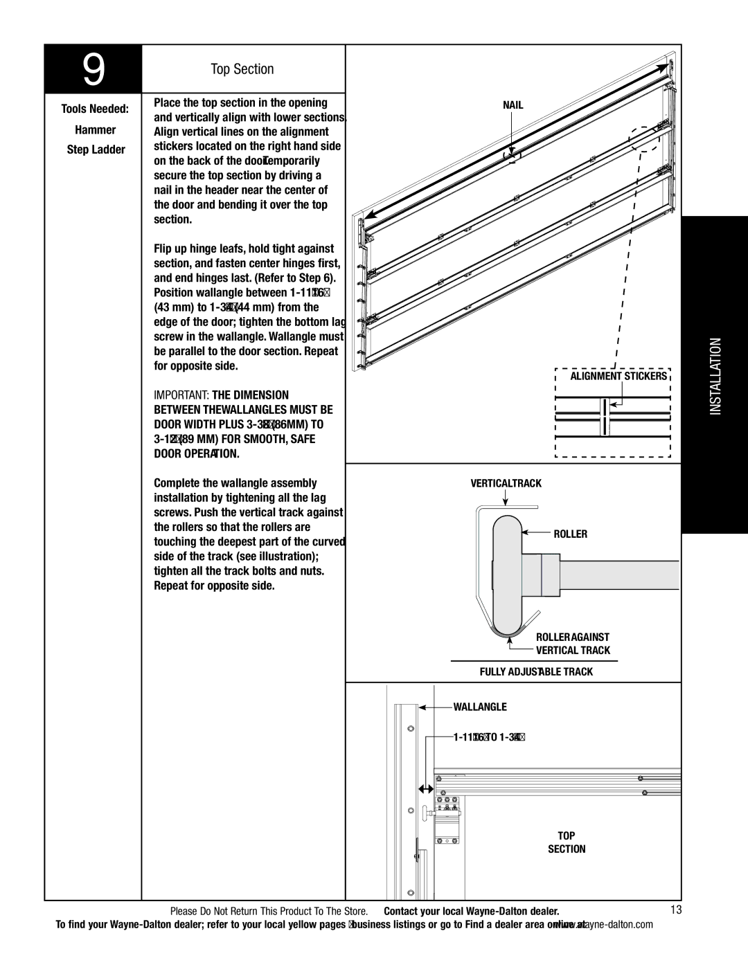 Wayne-Dalton 9800 installation instructions Top Section, Important the Dimension, Door Operation 