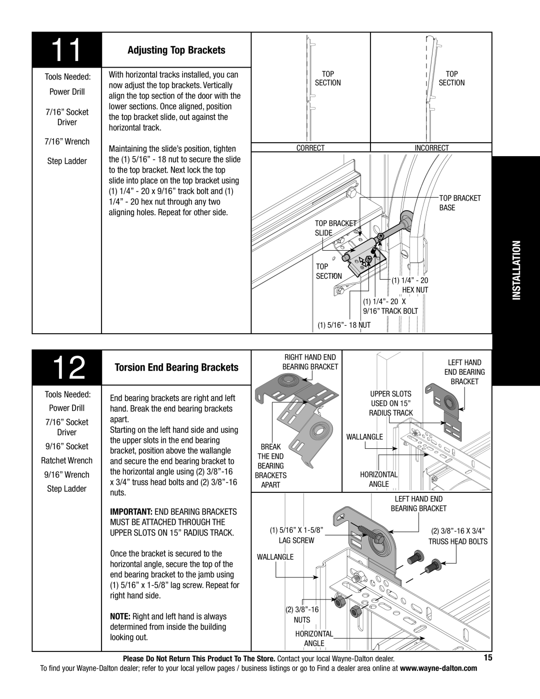 Wayne-Dalton 9800 installation instructions Adjusting Top Brackets, Torsion End Bearing Brackets 