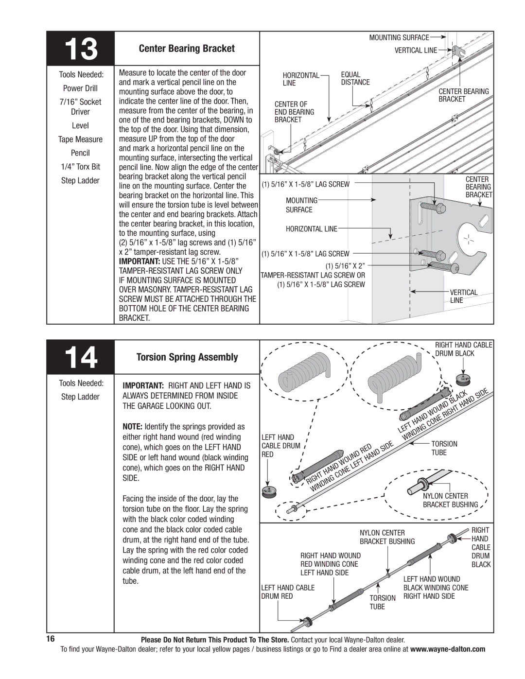 Wayne-Dalton 9800 installation instructions Center Bearing Bracket, Torsion Spring Assembly, Side 