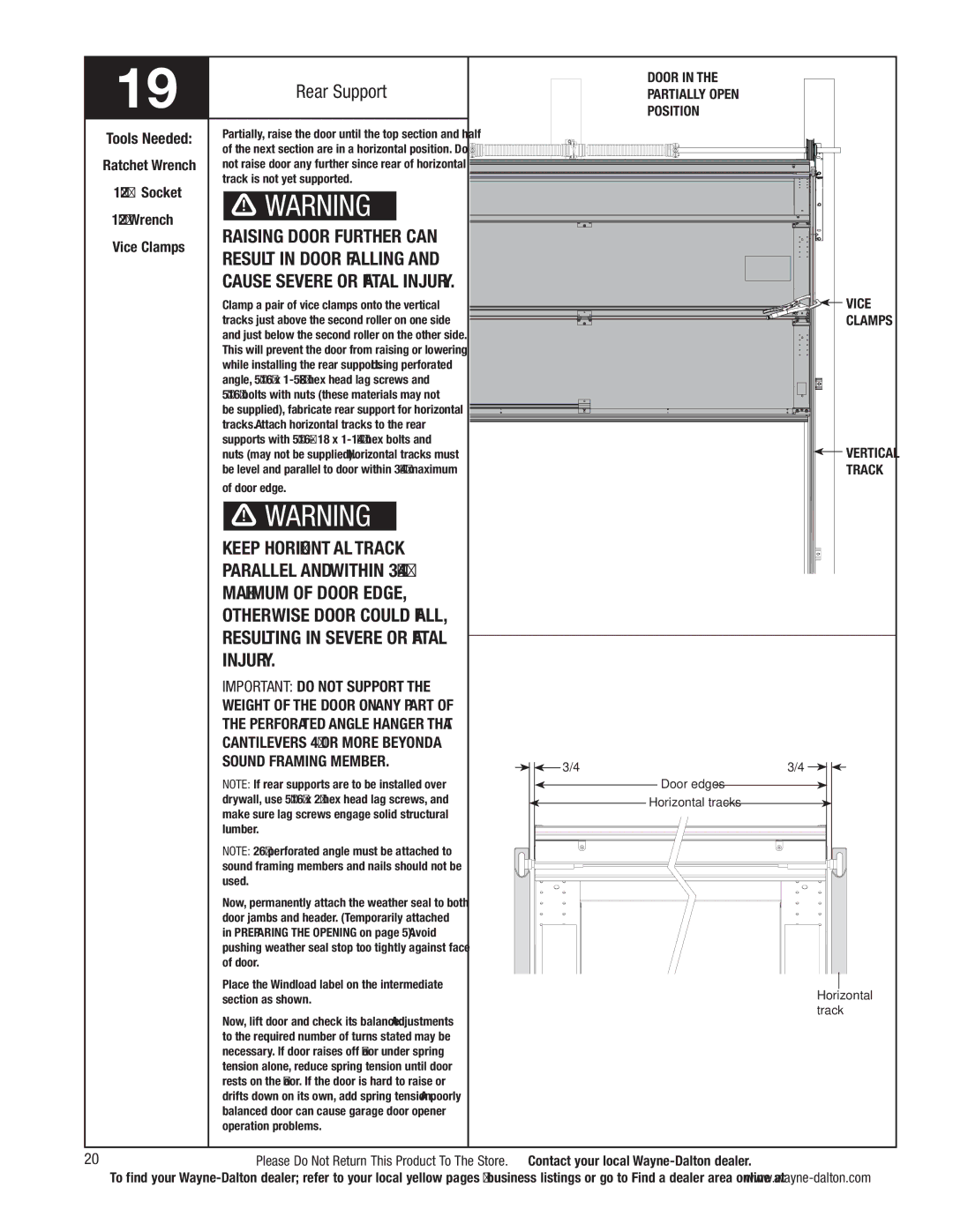 Wayne-Dalton 9800 Rear Support, Raising door further can, Result in door falling, Cause severe or fatal injury 