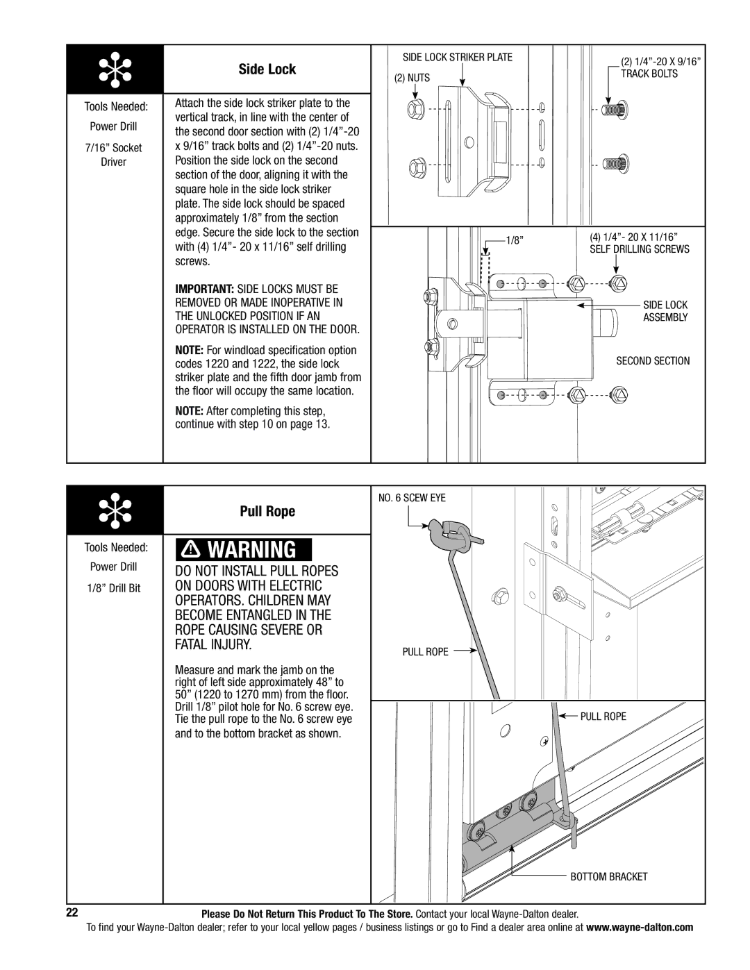 Wayne-Dalton 9800 installation instructions Side Lock, Pull Rope 