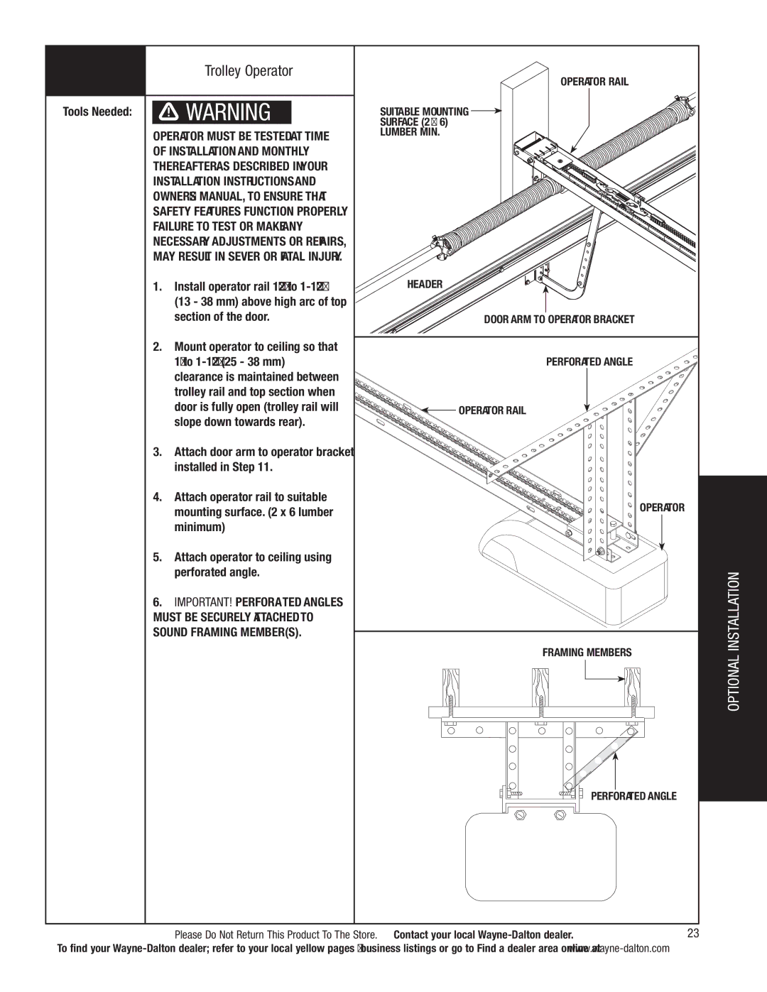 Wayne-Dalton 9800 Trolley Operator, Installation and Monthly, Installation Instructions, Failure to Test or Make ANY 