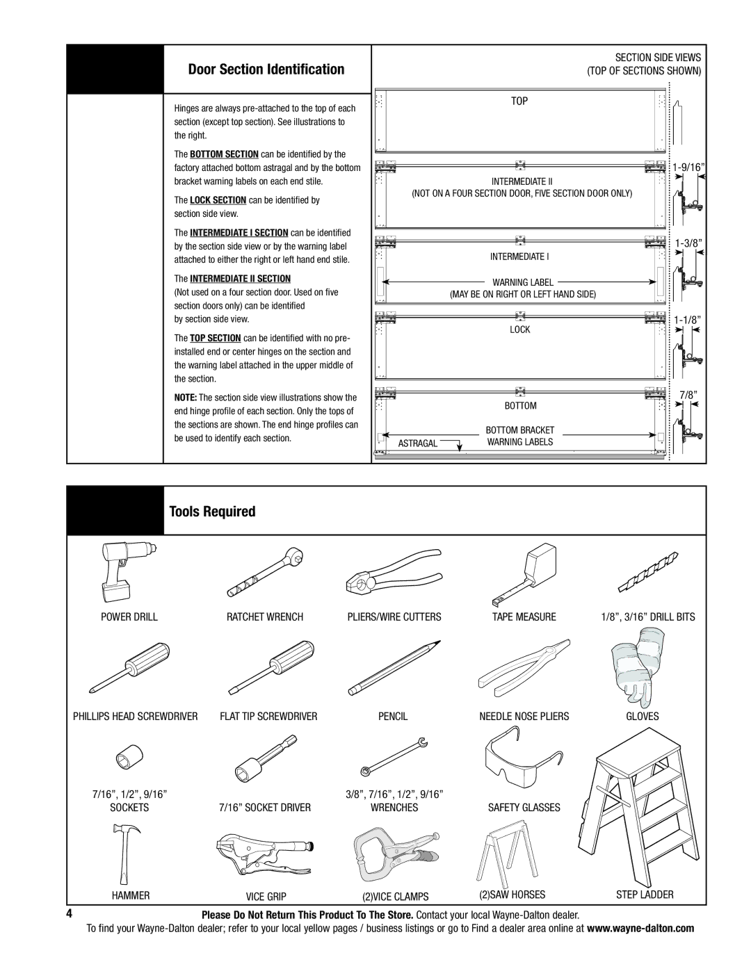 Wayne-Dalton 9800 installation instructions Door Section Identification, Tools Required 