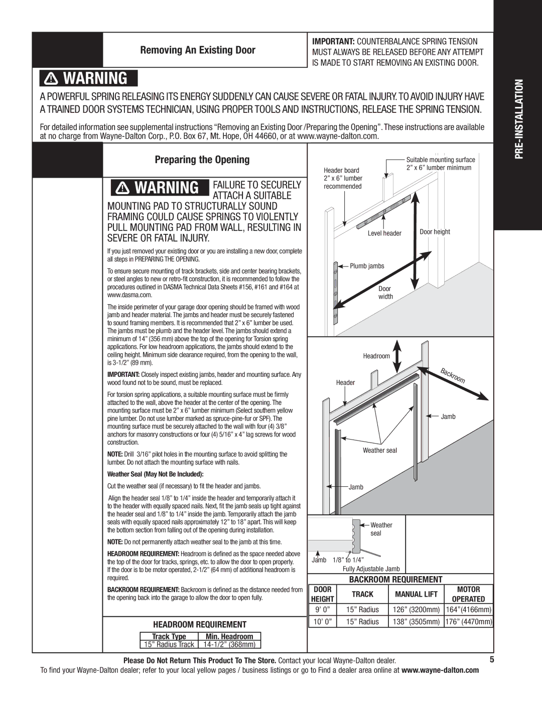 Wayne-Dalton 9800 installation instructions Removing An Existing Door 