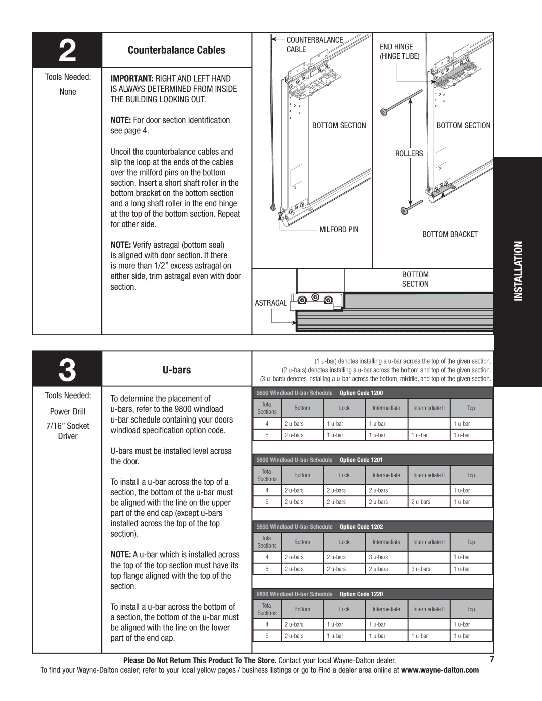 Wayne-Dalton 9800 installation instructions Counterbalance Cables, Bars 