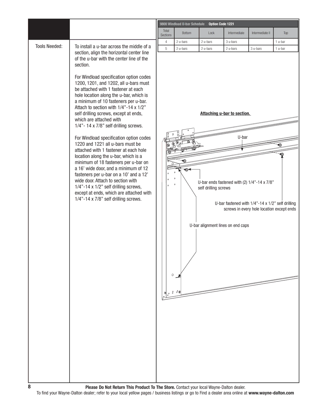 Wayne-Dalton 9800 installation instructions 14 x 7/8 self drilling screws 