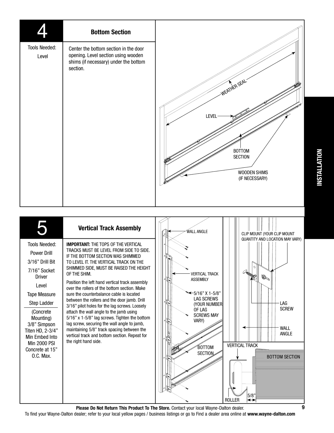 Wayne-Dalton 9800 installation instructions Bottom Section, Vertical Track Assembly 