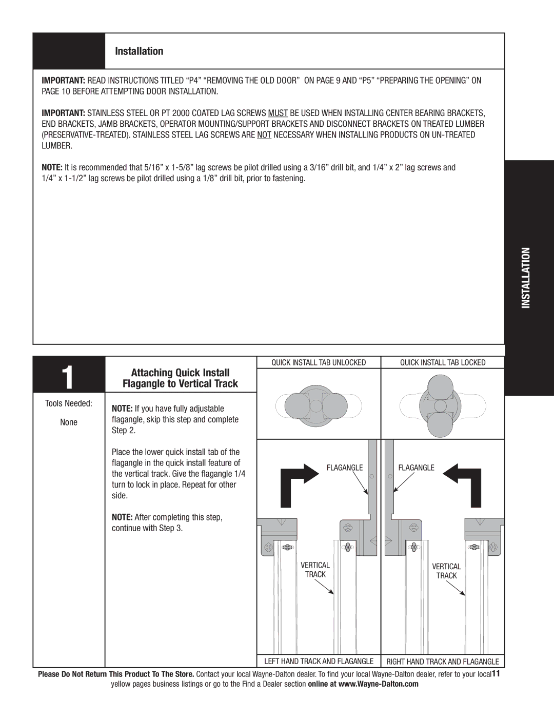Wayne-Dalton 9800 installation instructions Installation, Attaching Quick Install, Flagangle to Vertical Track 