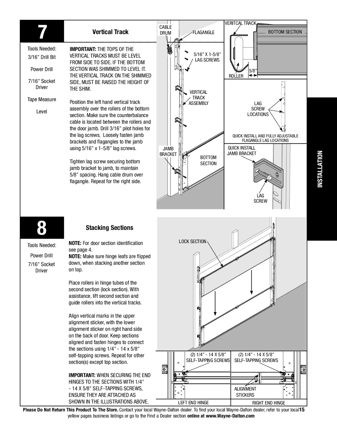 Wayne-Dalton 9800 installation instructions Vertical Track, Stacking Sections 